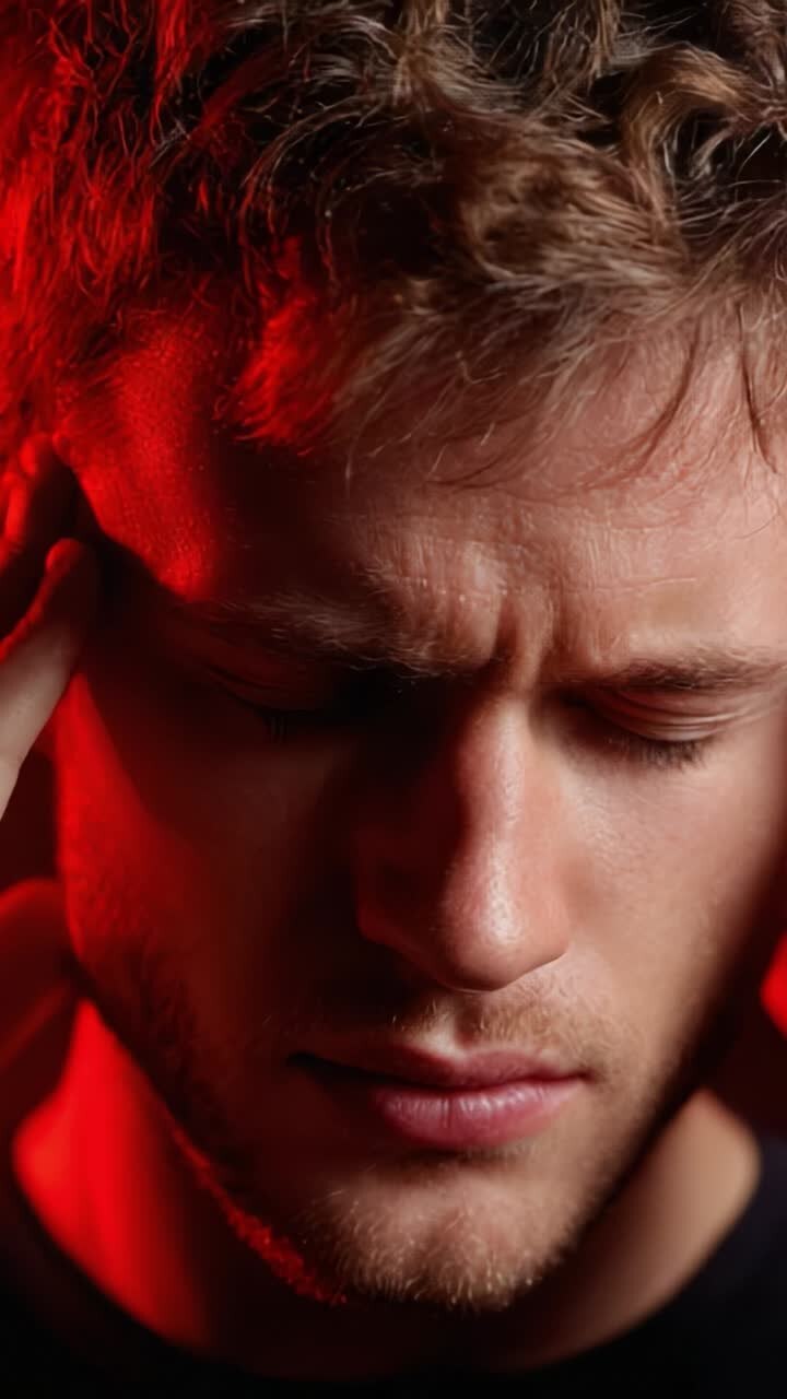 Intensa rappresentazione emotiva di un giovane uomo in un'illuminazione drammatica, che riflette pensieri profondi e turbamento interiore tra vivaci tonalità di rosso