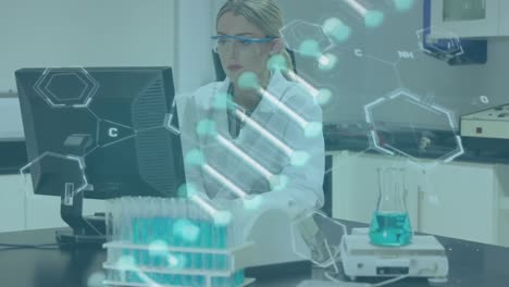 Animation-of-spinning-dna-and-chemical-structure-over-female-scientist-using-laptop-at-loboratory