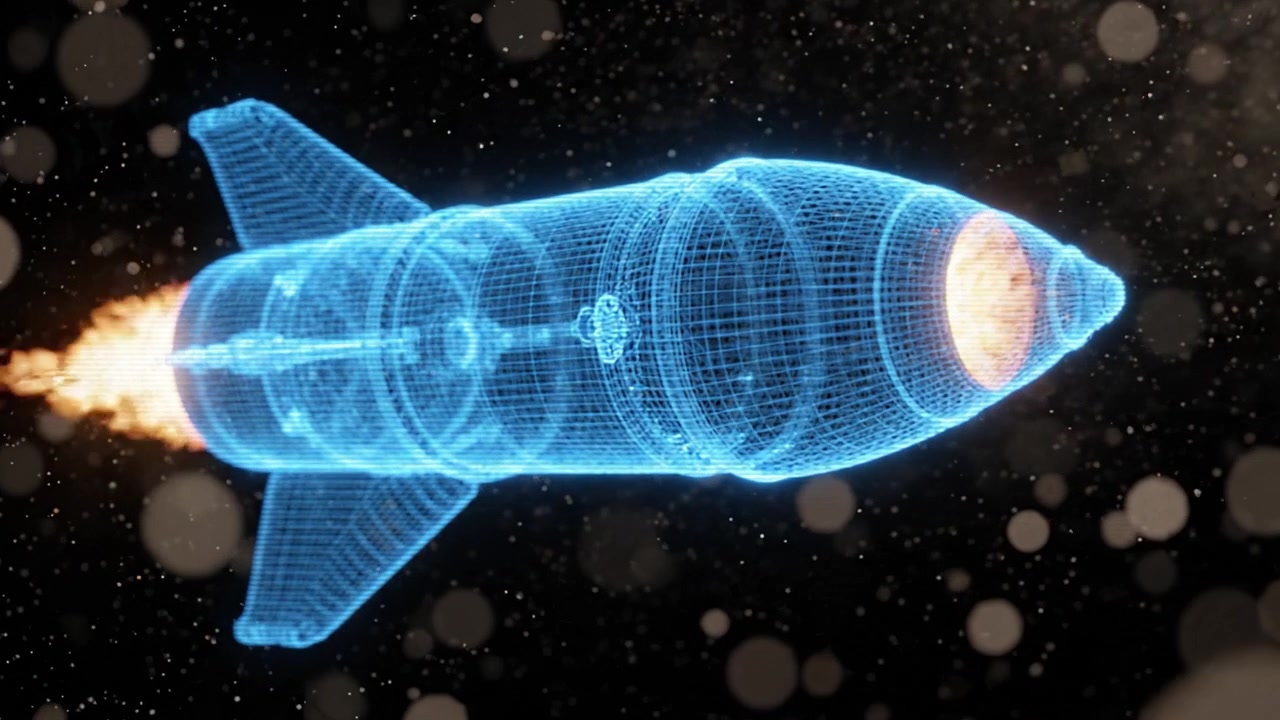 A Stunning 3D Visualization of a Rocket Launching Through Space with Detailed Wireframe and Fire Effects Capturing the Essence of Modern Aerospace Technology