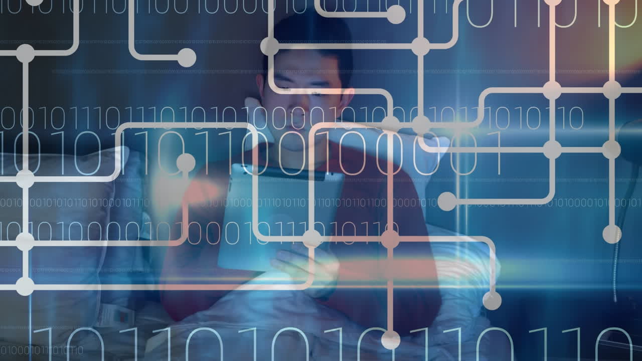 animación de codificación binaria sobre el hombre usando una tableta