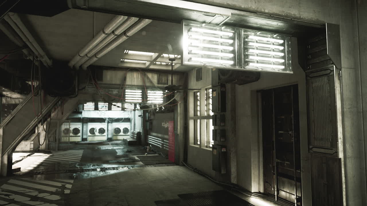Industrial hallway with bright lights and washing machines in an urban setting