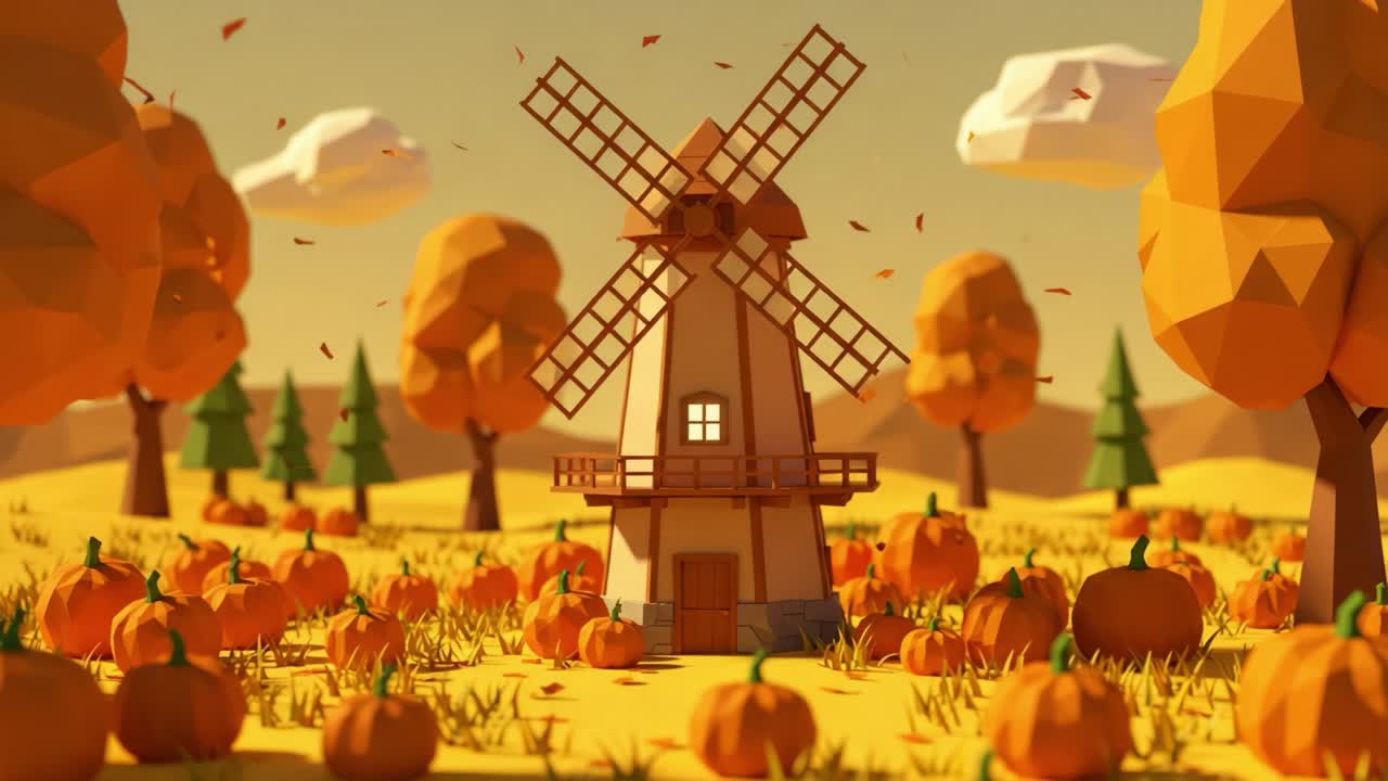 A Vibrant Autumn Landscape Featuring a Charming Windmill Surrounded by Pumpkins, with Colorful Trees and Gentle Clouds Enhancing the Scenic Atmosphere