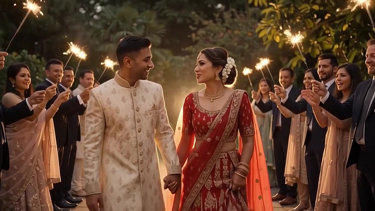 Indian Bride and Groom Walking Through Sparkler Tunnel at Wedding Reception
