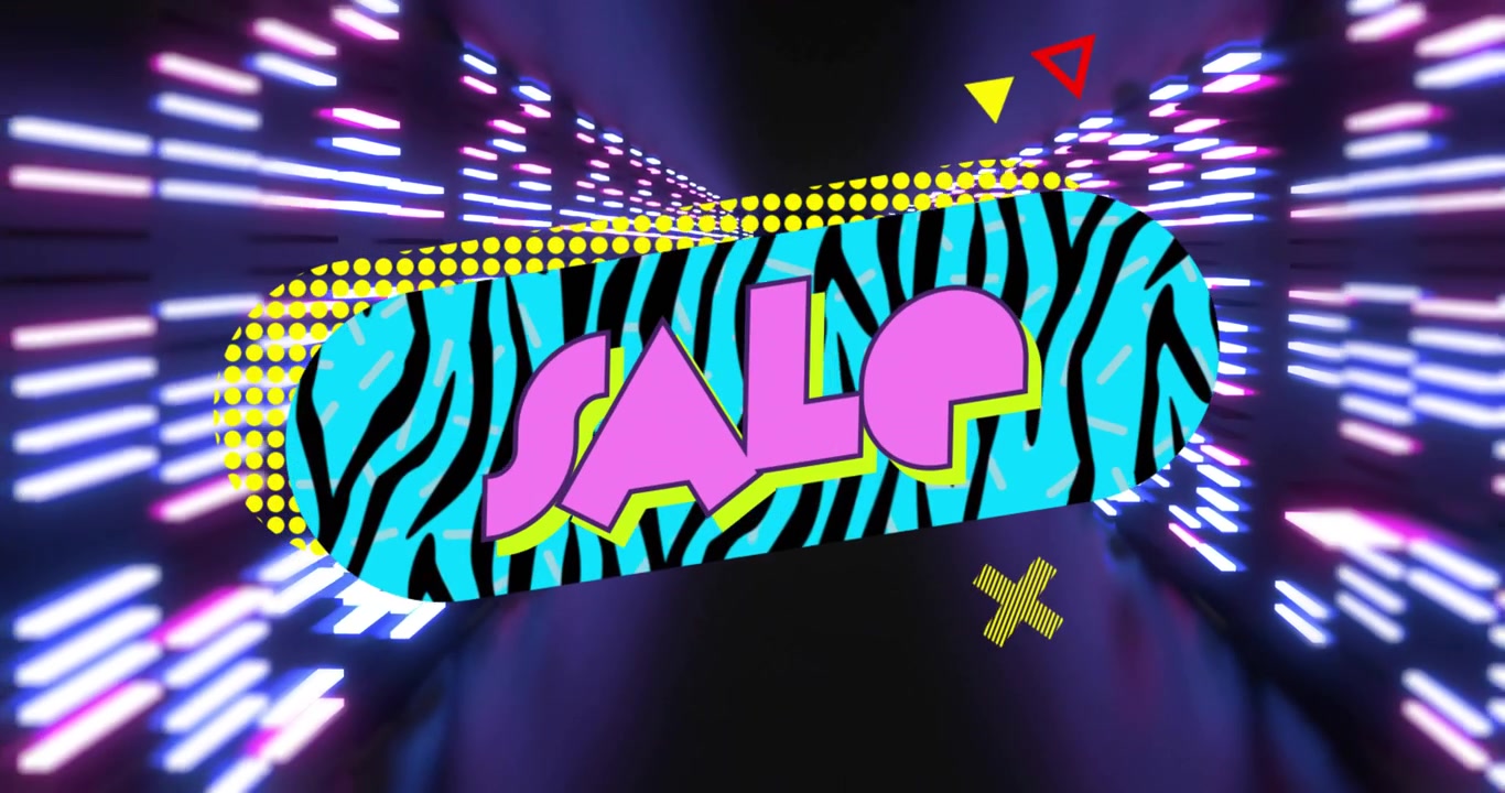Ovale di vendita a strisce zebrate che fluttua in un tunnel al neon, mostrando lettere rosa spesse e forme colorate.