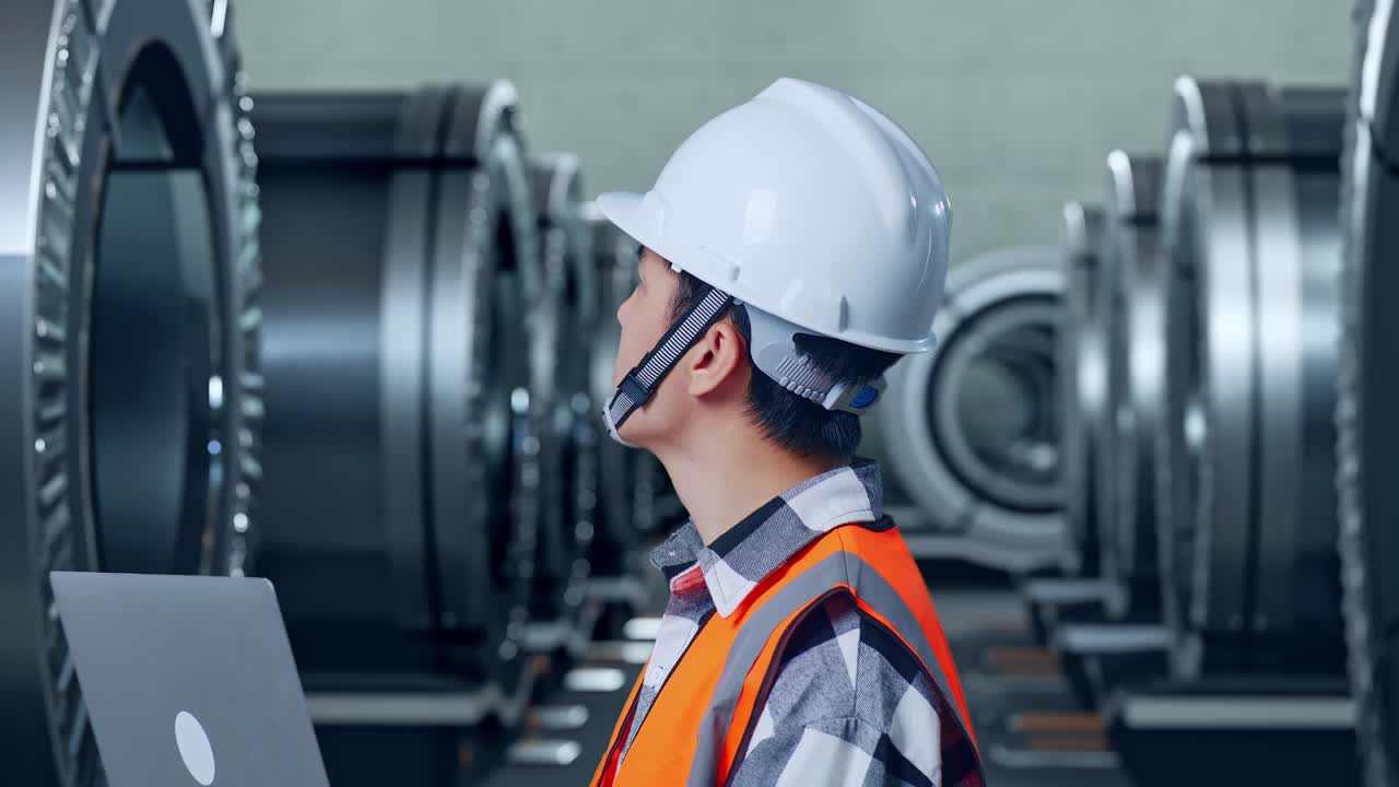 안전 헬을 착용한 아시아 남성 엔지니어가 노트북을 사용하고 금속 공장에서 서서 주변을 둘러보고 있다.
