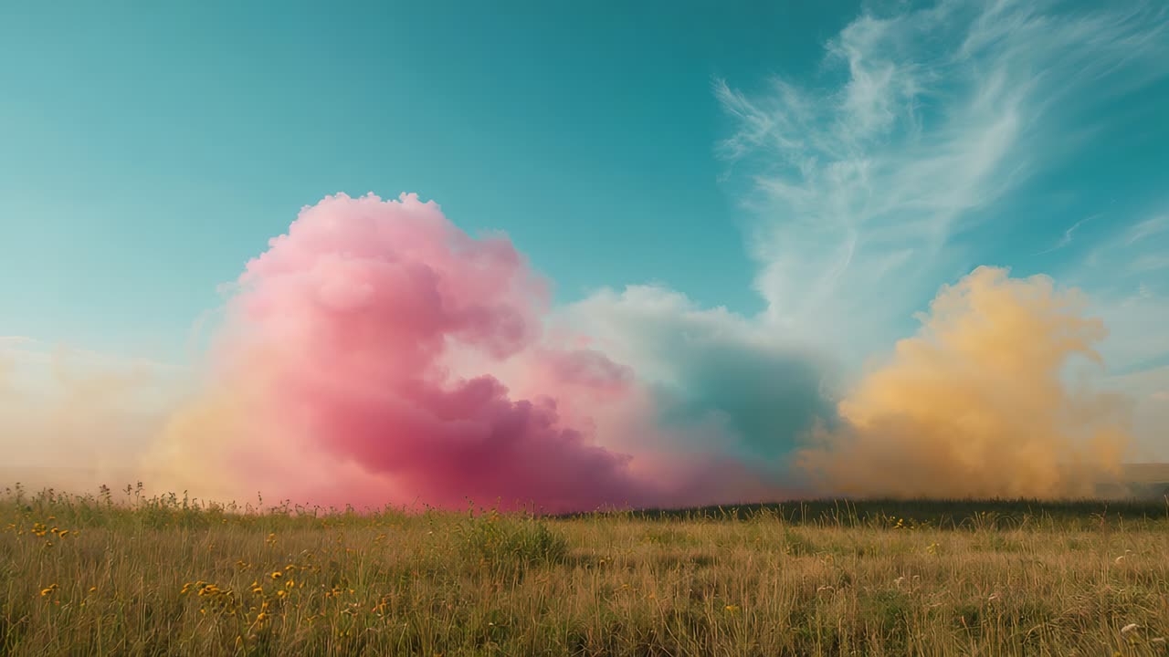 Emanating from horizon, pink, yellow smoke plumes billowing over meadow, drifting white vapor wisps