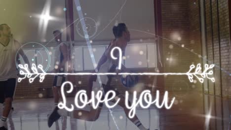 animación de amor texto y red de conexiones a través de un grupo diverso de jugadores de baloncesto