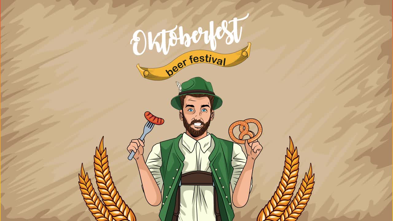 독일인 남자가 소시지와 프레틀을 먹는 행복한 오크테르페스트 축제 애니메이션