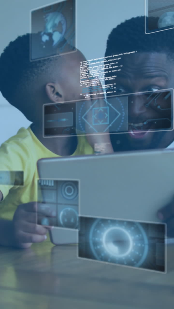 animación de datos en pantallas sobre un padre y un hijo afroamericanos felices usando una tableta