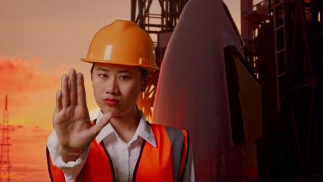 close up of asian female engineer with safety helmet disapproving with no hand sign while standing with space shuttle, sunset time