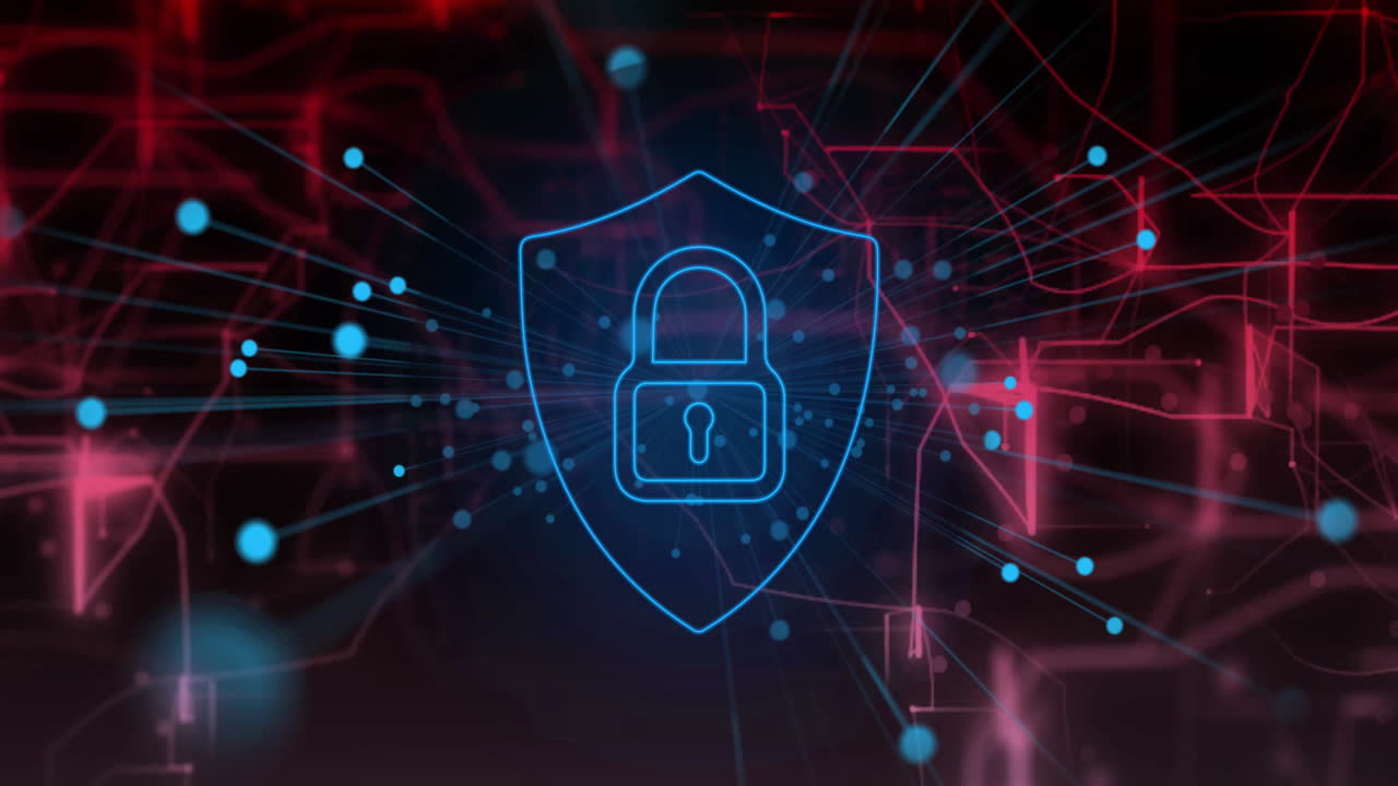 Animation of shield with padlock icon over network of connections on black background