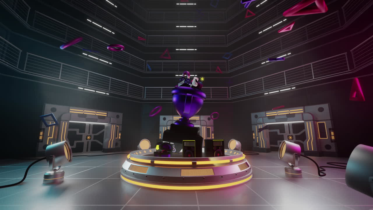 검은색 배경에 무대 및 스포트 라이트와 함께 네온 게임 기능의 애니메이션