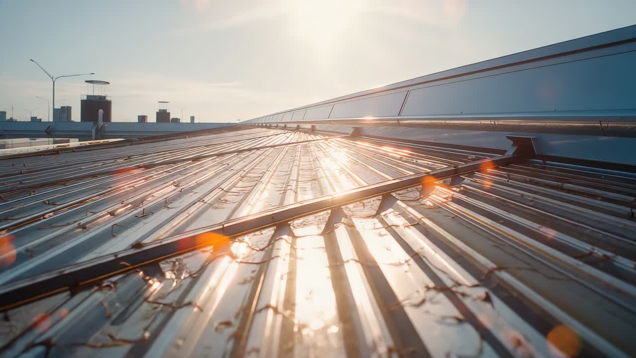 Camera opening tracking forward along metal roof rails tracing reflections for glass facade