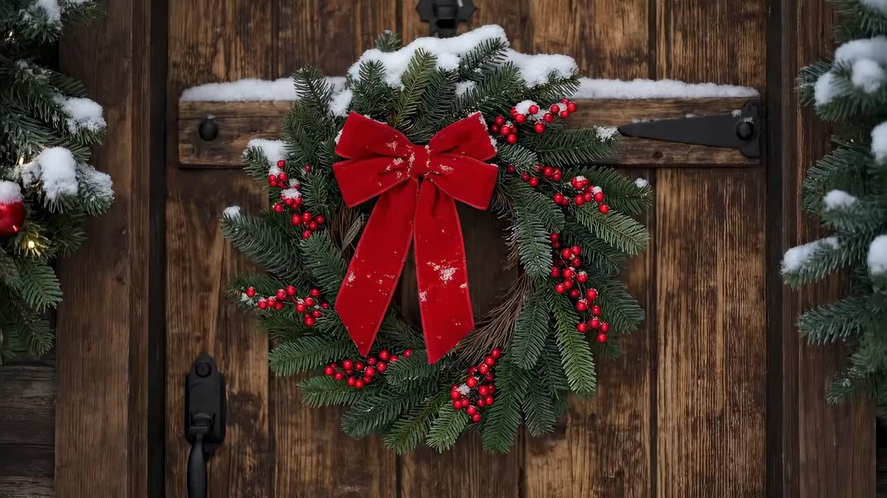 Close-up video of a festive wreath on a rustic wooden door, capturing holiday charm