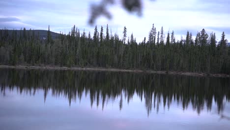 Slow-pan-of-a-lake-in-the-Canadia-Rockies-surrounded-by-pines