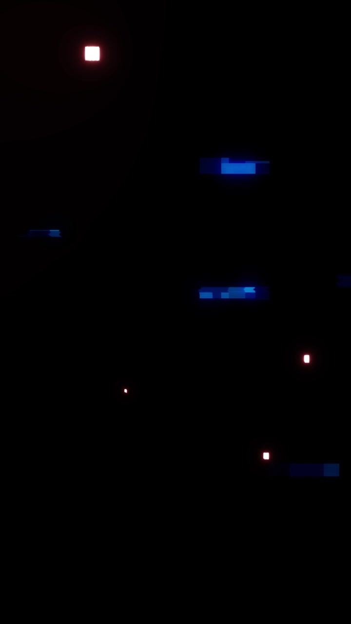 Scena digitale scura con blocchi di luce di pixel neon luminosi e una banda di scansione orizzontale blu.