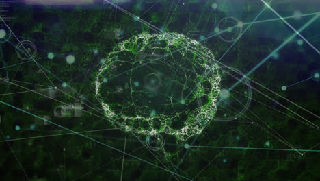 Animation-of-network-of-connections-over-spinning-human-brain-against-green-background