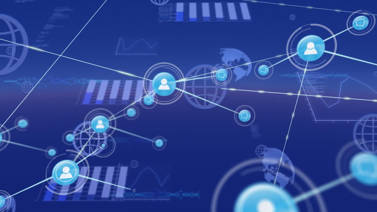 Animation of network of digital icons and screens with data processing against blue background