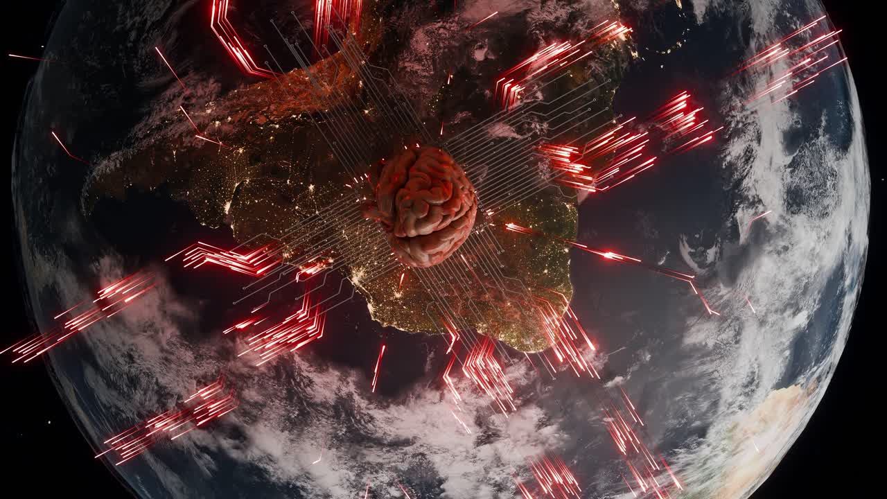 Planet Earth showing South America from space with human brain and red digital network lines. Artificial intelligence and technological evolution concept for poster and wallpaper. vertical