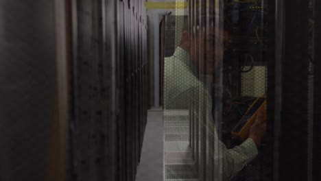 animation of caucasian man checking wires over server room