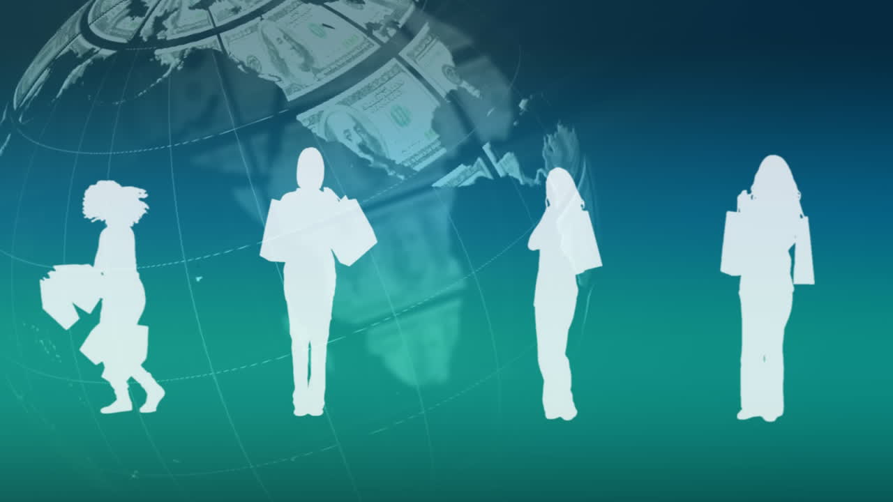 초록색 에 있는 미국 달러 지폐 와 사람 들 의 실루 ⁇  을 가진 지구촌 의 애니메이션