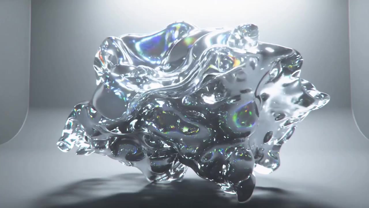Morphing chrome form stretching, rotating over studio floor as lighting shifts, revealing caustics