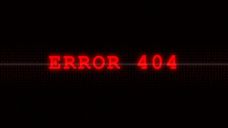 Messaggio di errore digitale 404 su sfondo scuro con effetto glitch