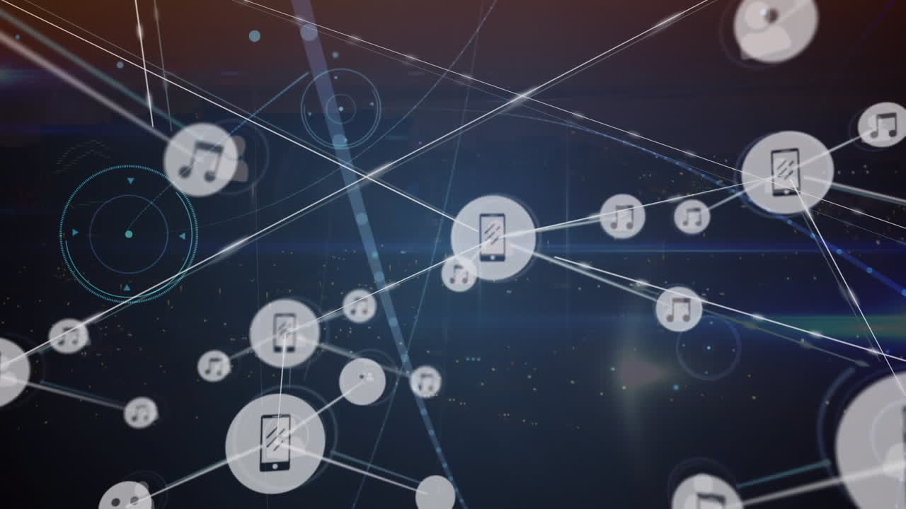 animación de la red de conexiones con iconos en fondo oscuro