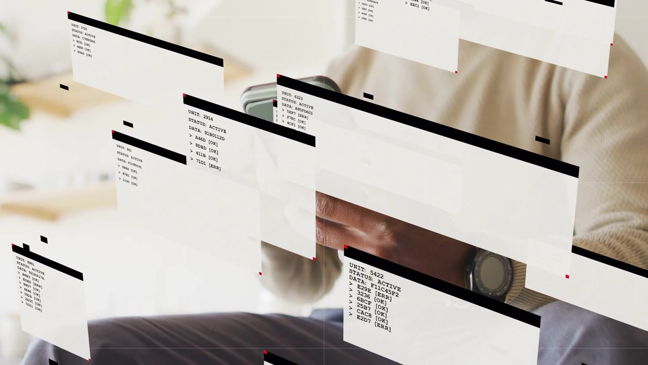 Seated man tapping phone while steadying mug, floating UI panels sliding in for technology demo