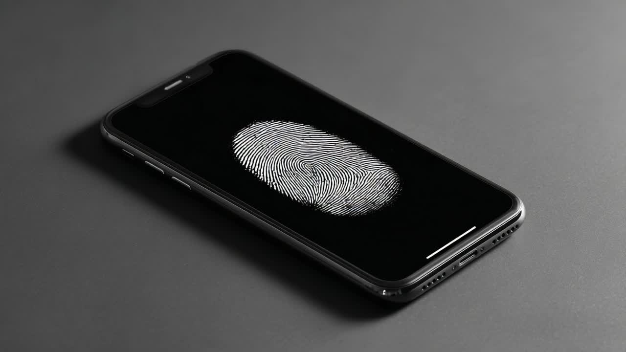 A Close-Up View of Digital Fingerprint Recognition Technology on a Smartphone Display, Illustrating Advanced Security Features in Modern Devices