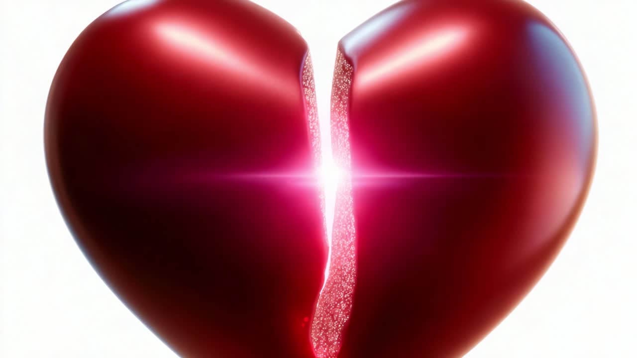 Uma representação visual impressionante de um coração partido ao meio, capturando a emoção de uma desilusão amorosa com uma luz brilhante que emana da divisão, simbolizando amor e perda