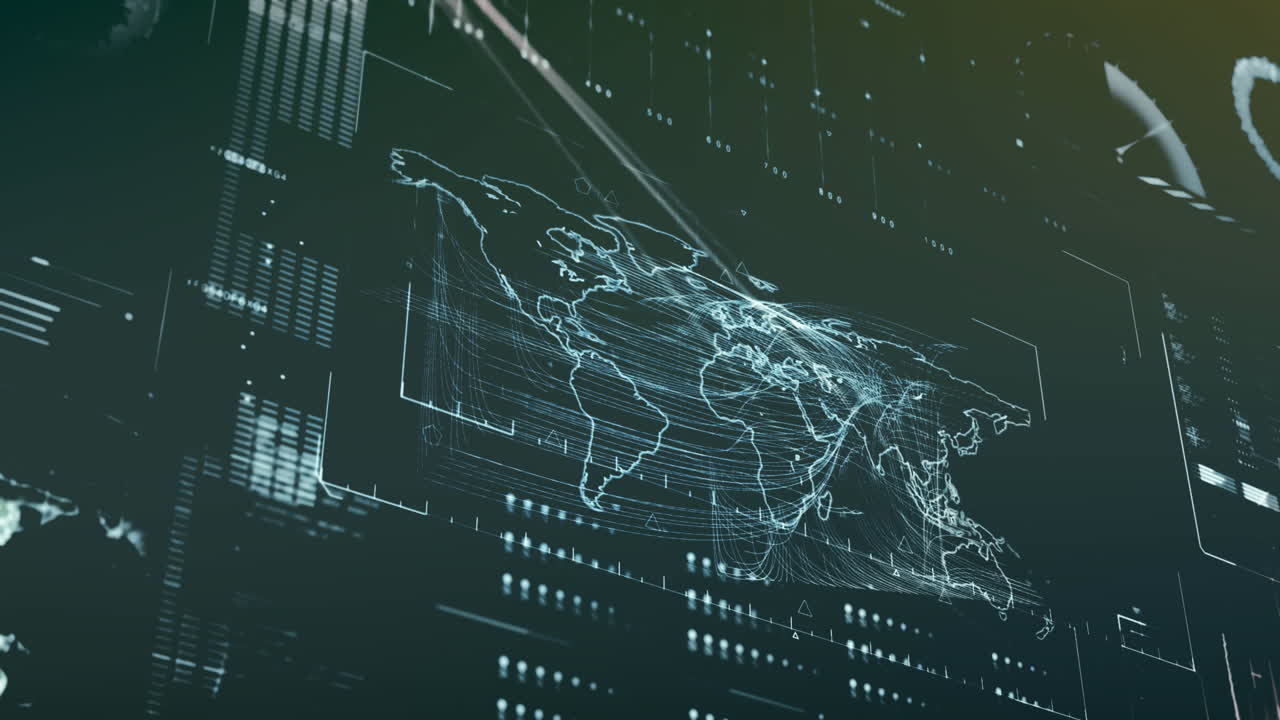 Animation of interface with data processing over world map against grey background