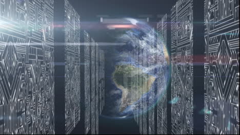 globe spinning with circuit boards and data processing with tech room
