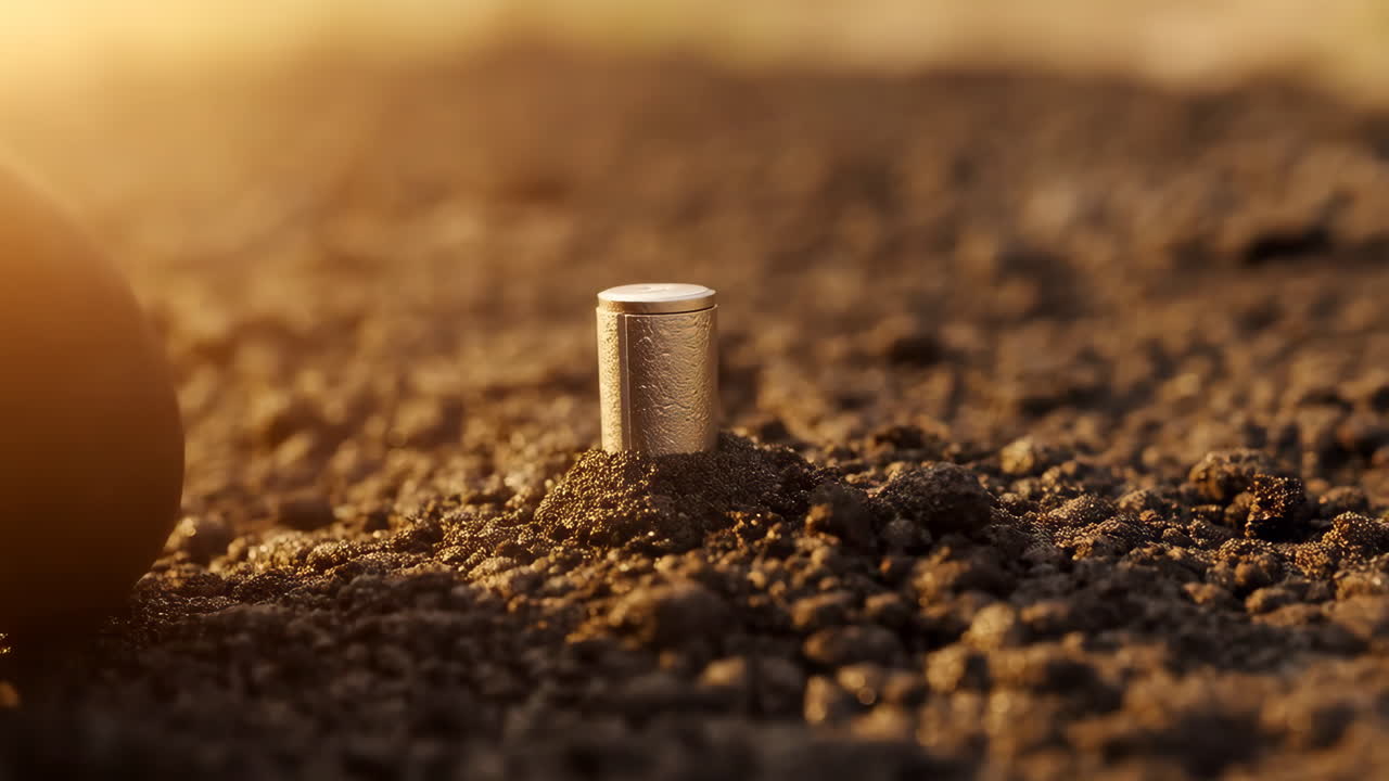 A small ornate metal object resting on soil during sunset or sunrise