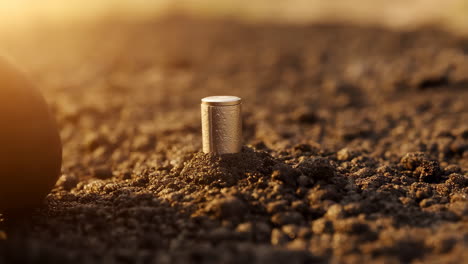 a small ornate metal object resting on soil during sunset or sunrise