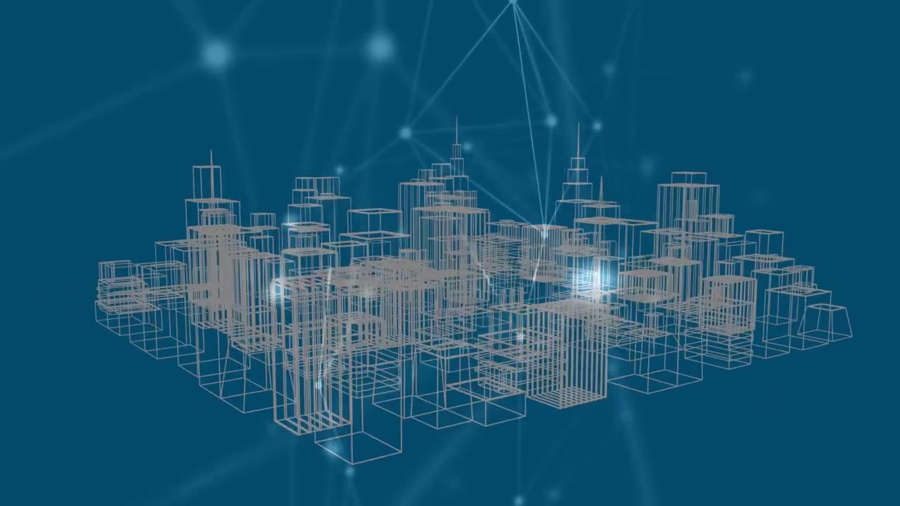 Animation of network of connections over 3d cityscape spinning on blue background