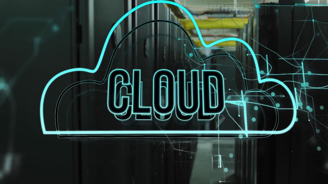 Animation of cloud text and icons over computer servers