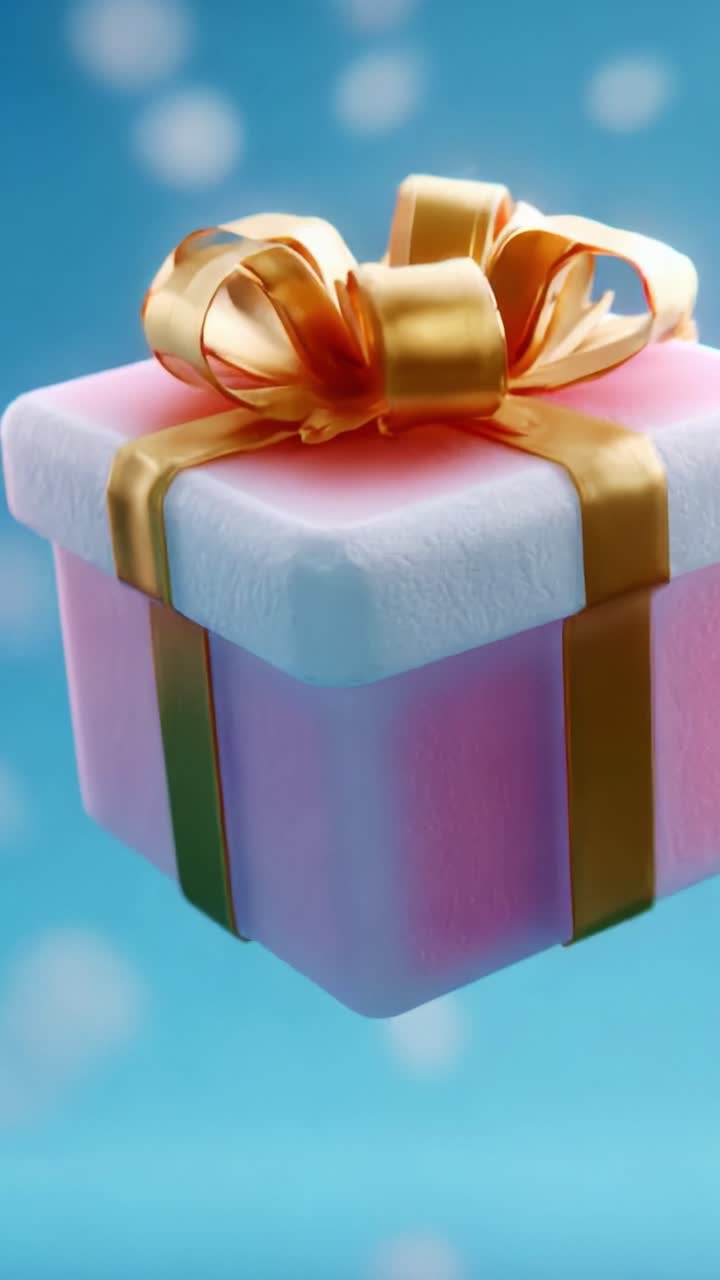 A beautifully wrapped pink and white gift box adorned with a shiny gold ribbon, floating gracefully against a vibrant blue background with soft bokeh effects, capturing the essence of celebration and surprise