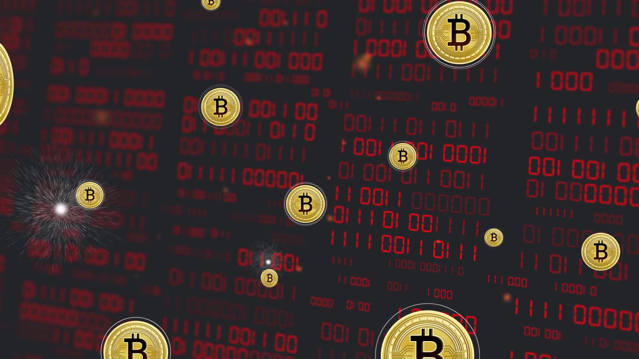 Monete Bitcoin d'oro che entrano e fluttuano mentre appare una scintilla a sinistra, creando un effetto parallasse e mostrando dati.