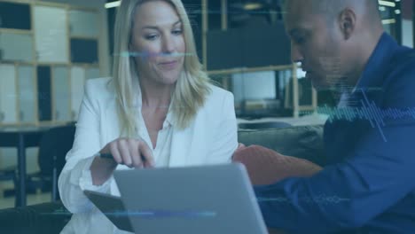 animation of data processing over diverse business people at office