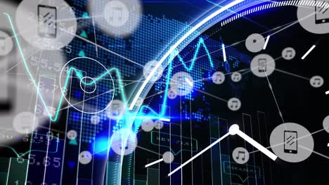 Animation-of-connected-icons-on-graphs-and-digital-clock-with-numbers-against-map-in-background