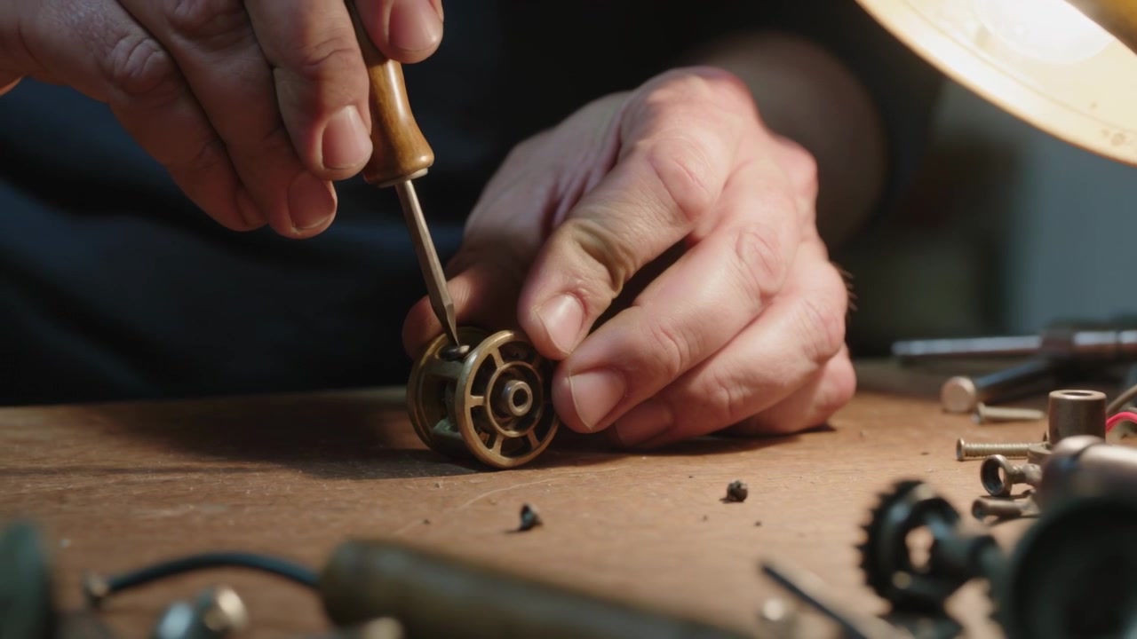 Examining brass rotor, tech hands in dark long sleeves inserting small driver on bench for repair