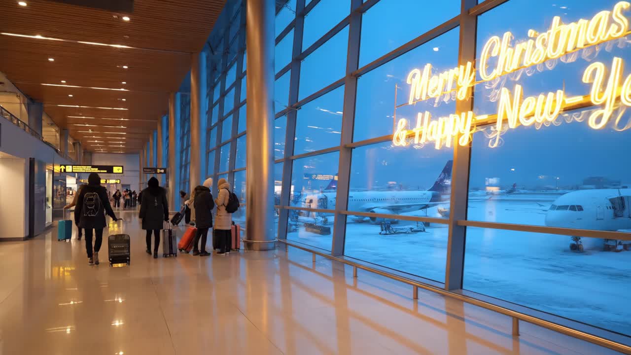 Travelers moving through modern airport terminal with festive decorations and snowy backdrop