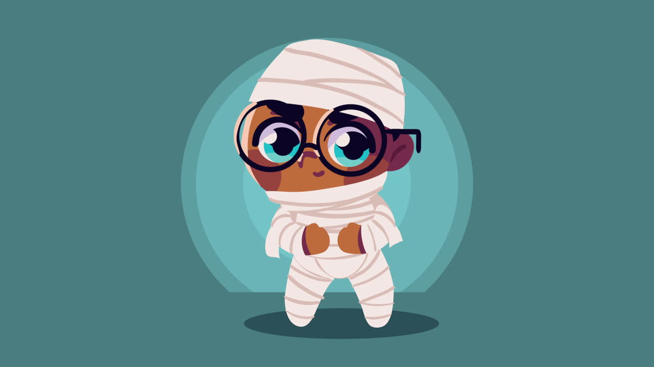 glad halloween animation med lille dreng som mumie