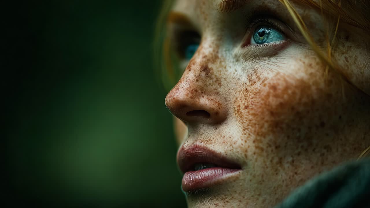 A Captivating Portrait of a Woman with Striking Freckles and Mesmerizing Blue Eyes, Set Against a Lush Green Background, Highlighting Natural Beauty and Intrigue