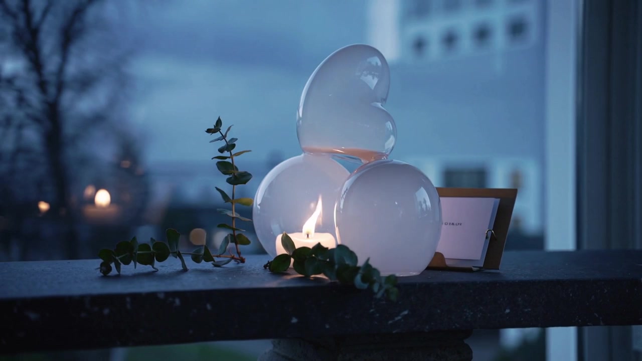 La caméra recule, révélant une scène de ville au crépuscule, des orbes blancs projetant une lueur de bougie chauffe-plat sur un balcon en pierre.