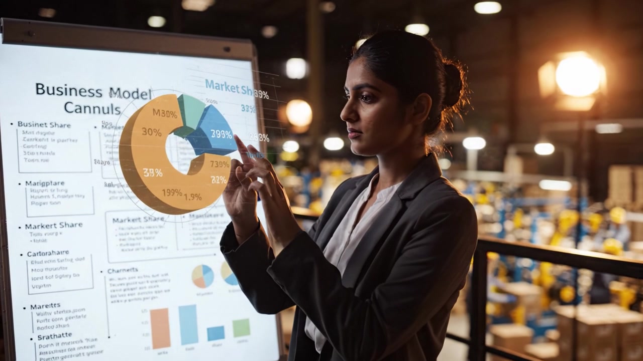 Professional Business Presentation Highlighting Market Share and Analysis in a Warehouse Environment with a Focused Female Presenter and Visual Graphs