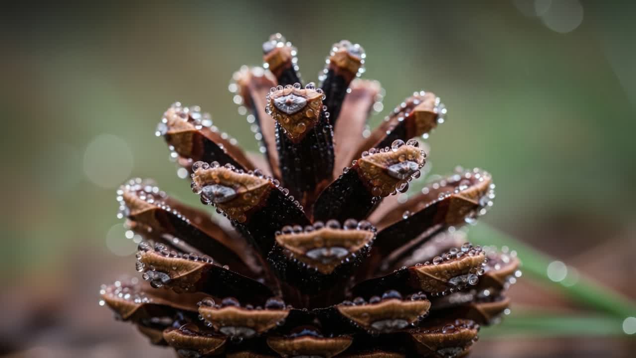 Captivating Close-up of a Pine Cone Adorned with Glimmering Raindrops, Showcasing Nature's Intricate Beauty and Textures in a Serene Outdoor Setting