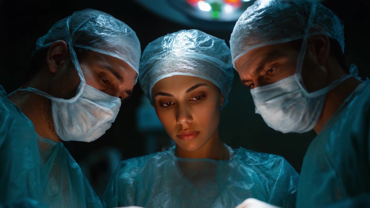 Un team chirurgico concentrato collabora in una sala operatoria ad alto rischio, dimostrando precisione ed esperienza durante una procedura complessa con intensa concentrazione.