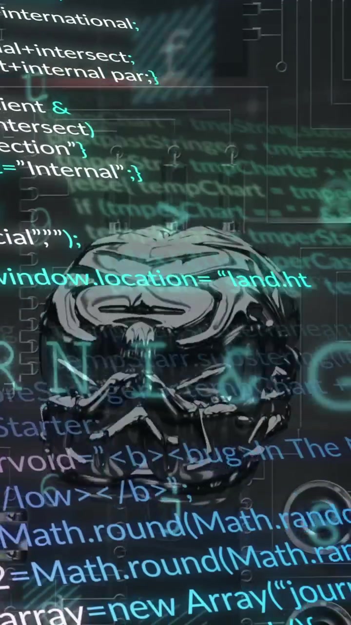 Animation of text, digital human brain and computer language over motherboard in background